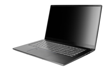 Laptop with blank black screen on white background isolated close up side view, modern slim computer design, open empty display, pc mockup, studio shot, copy space - obrazy, fototapety, plakaty