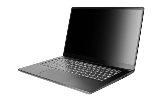 Laptop with blank black screen on white background isolated close up side view, modern slim computer design, open empty display, pc mockup, studio shot, copy space