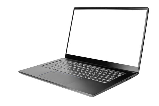 Laptop with blank screen on white background isolated close up side view, modern slim computer design, open empty display, pc mockup, studio shot, copy space