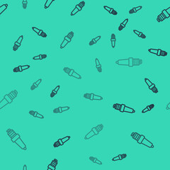 Black line Car spark plug icon isolated seamless pattern on green background. Car electric candle. Vector.