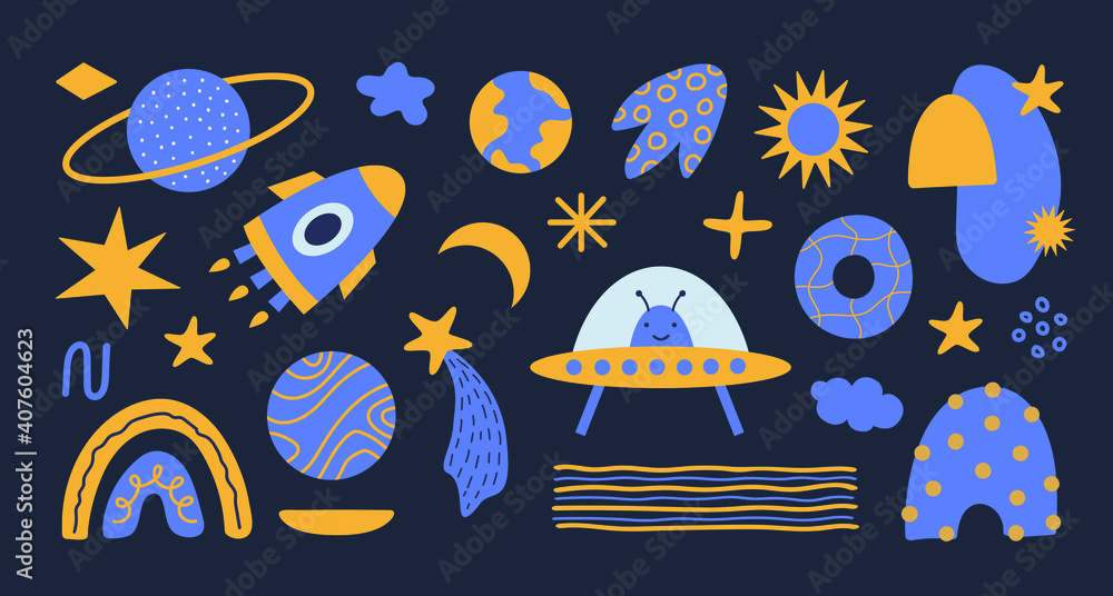 Poster modern set with cosmic elements, doodle objects and line shapes. hand drawn vector illustration in y