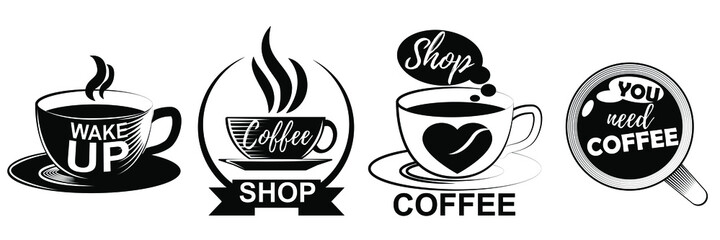 Coffee logos in different forms isolated on white background. Coffee in cups and saucer in a modern style. Vector illustration