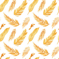 Seamless pattern with tropical leaf palm. Golden leaves, watercolor drawing