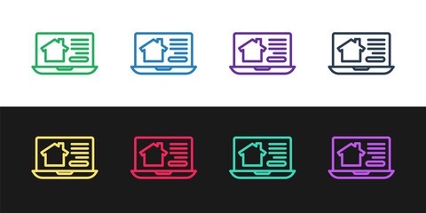 Set line Online real estate house on laptop icon isolated on black and white background. Home loan concept, rent, buy, buying a property. Vector.