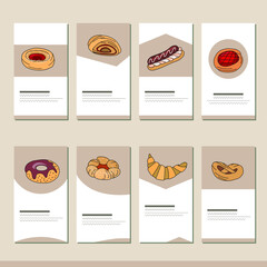 Stylized pastry on beige background. Set with different templates. Cards for your design and advertisement