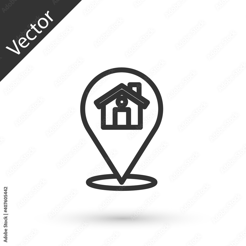 Poster grey line map pointer with house icon isolated on white background. home location marker symbol. vec