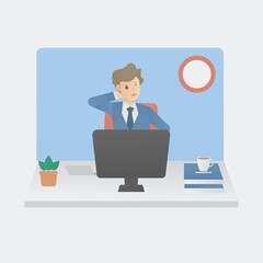 Concept of office syndrome in Office worker,business man sitting on chair in workplace with back injury and pain in the neck muscles caused by a long computer use and work overtime,Vector illustration