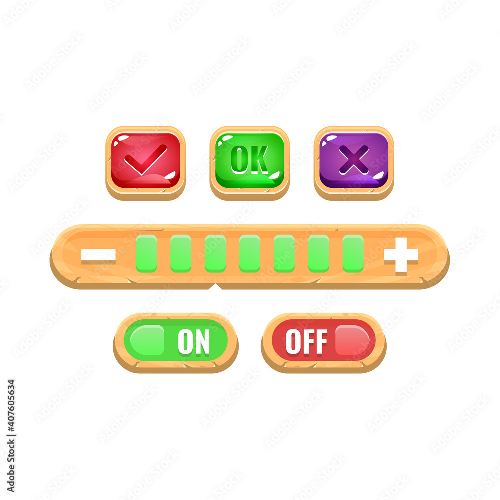 Aufkleber set of funny colorful wooden game ui on and off button and control settings