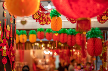 Naklejka premium Outdoor Asia Spring Lunar Chinese New Year ornaments decorations. Red is seen as lucky and auspicious by many who believes in traditional customs.