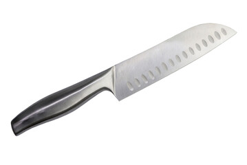 Stainless steel santoku knife on white background with clipping path.