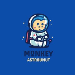 Vector Logo Illustration Monkey Astronaut Simple Mascot Style.