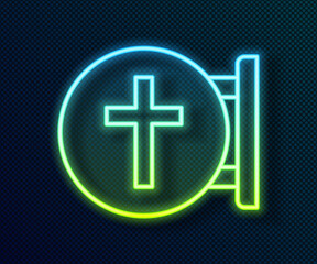 Obraz premium Glowing neon line Christian cross icon isolated on black background. Church cross. Vector.