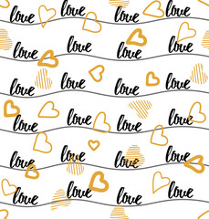 Seamless vector pattern gold hearts and word love on black striped background. Chaotic pattern gold hearts. Doodle style. Backdrop for valentines day or card love.