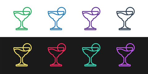 Set line Margarita cocktail glass with lime icon isolated on black and white background. Vector.