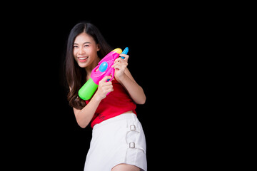 Portrait of Asian woman, happy working day.beautiful modern businesswoman ,holding tablet computer on Gray background in the studio