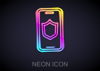 Glowing neon line Smartphone, mobile phone with security shield icon isolated on black background. Security, safety, protection concept. Vector.