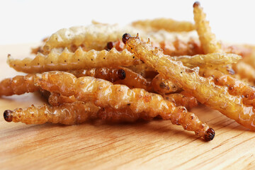 Crispy deep fried bamboo worm, fried insects are a high protein foods. Northern Thai local food.