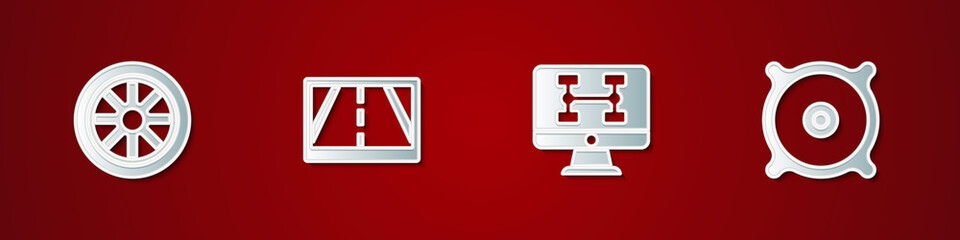 Set Car wheel, Gps device with map, Diagnostics condition of car and audio speaker icon. Vector.