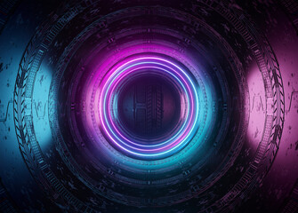 Neon style circle mockup in futuristic piping. Blue and pink modern hologram illuminated by lights in futuristic interior 3D rendering