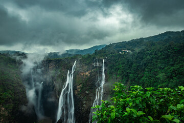 waterfall with lush green forests of western ghat from flat angle