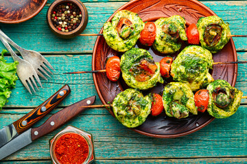 Chicken skewers on wooden skewers