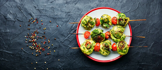 Chicken skewers on wooden skewers