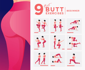 Advanced Level - Glute Exercises Set. Buttocks  workout vector Set. Women doing fitness exercises. 