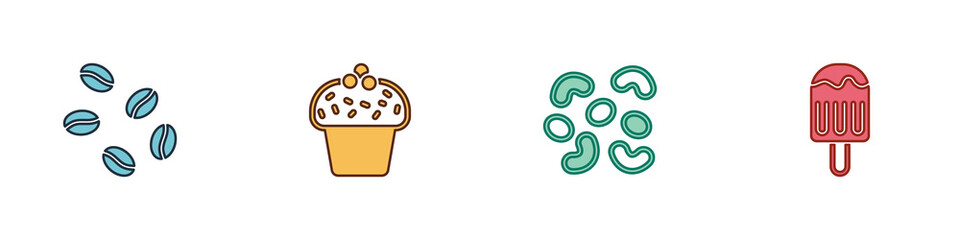 Set Coffee beans, Cake, Jelly candy and Ice cream icon. Vector.