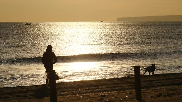 Silhouette woman walking with dog on sea shore at early morning, Gandia, Valencia Spain. Slow motion