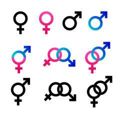 Vector Gender symbol set. Mars and Venus sign color blue and pink. Black heterosexual couple man and woman graphic icon isolated white. - 407610200