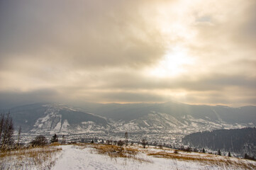Rural landscape in winter Carpathian mountains