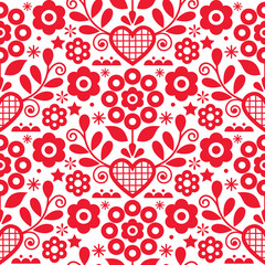 Traditional floral vector seamless red and white pattern perfect for textile or fabric print. Inspired by folk art from Nowy Sacz, Poland 
