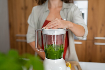 Woman using blender to prepare smoothie