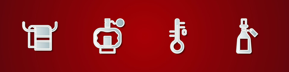 Set Towel on a hanger, Aftershave, Sauna thermometer and Essential oil bottle icon. Vector.