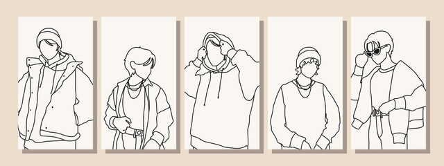 Hand drawn abstract man faces in line art style, set of trendy posters, modern minimalism art, aesthetic contour