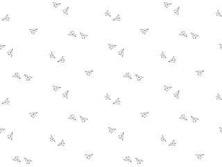 Origami paper airplanes seamless pattern. Endless vector print with hand drawn plane icon. Ink drawing sketch illustration isolated on white background