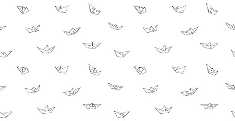 Origami paper boat seamless pattern. Endless vector print with hand drawn ship icon. Ink drawing sketch illustration isolated on white background