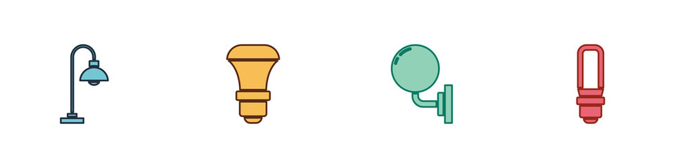 Set Floor lamp, LED light bulb, Wall sconce and icon. Vector.