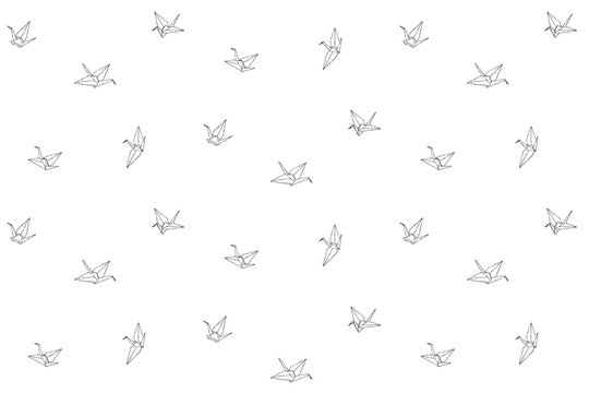 Origami crane seamless pattern. Endless vector print with hand drawn paper orizuru icon. Ink drawing sketch illustration isolated on white background