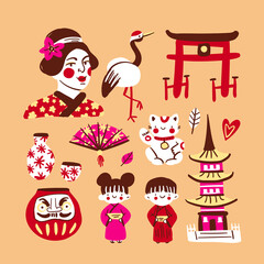 Japan hand drawn elements vector set. Japanese, asian cartoon collection. Travel, tourism to Japan. Traditional asian symbols isolated. Illustration set: woman, dolls, pagoda, cat, gate, stork, daruma