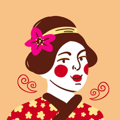 Beautiful japanese woman portrait with traditional kimono, hair style, japanese makeup. Hand drawn geisha or kabuki theatre actress portrait. Asian woman vector stock illustration. Traditional fashion