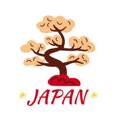 Japan stock vector hand drawn illustration. For japanese travel concept, greeting card print. Cute cartoon style asian illustration: Japan symbol - bonsai tree and text - Japan. Eps isolated on white
