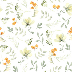 Watercolor seamless pattern with abstract yellow flowers and green leaves in pastel colors. Floral illustration on white background.