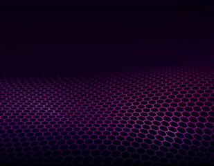 3D futuristic design on dark background. Abstract technology concept with purple and pink wavy hexagonal grid. Space for the copy.