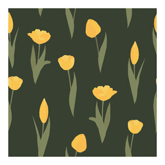 Seamless vector pattern with yellow flowers on a green background. Tulips. Suitable for textiles, wallpaper, books, tape, interior, products, fabrics, web, background.