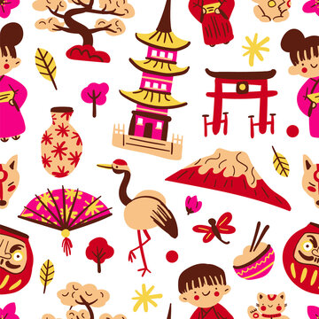 Modern japanese seamless pattern on white background. Print, pattern for Japan. Japanese traditional symbols: daruma, pagoda, geisha, fuji, bonsai, stork. Vector stock seamless texture. Asian backdrop