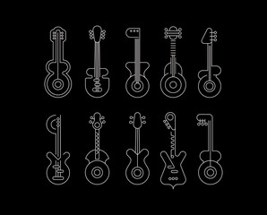 Line art silhouettes isolated on a black background Guitar Icon Set vector illustration. Ten different guitars, each icon is on a separate layer.