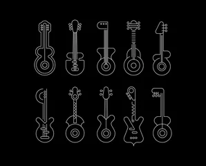 Foto op Canvas Lijn kunst silhouetten geïsoleerd op een zwarte achtergrond Gitaar Icon Set vectorillustratie. Tien verschillende gitaren, elk icoon staat op een aparte laag. ©  danjazzia
