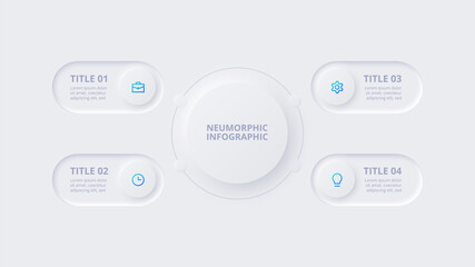 Neumorphic elements for infographic. Template for diagram, graph, presentation and chart. Skeuomorph concept with 4 options, parts, steps or processes