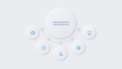 Neumorphic circle elements for infographic. Template for diagram, graph, presentation and chart. Skeuomorph concept with 5 options, parts, steps or processes